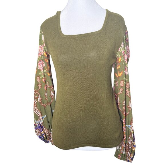 Anthropology Blank London Bl NK Sweater Womens Size S Olive Green Floral sleeves - Picture 1 of 10
